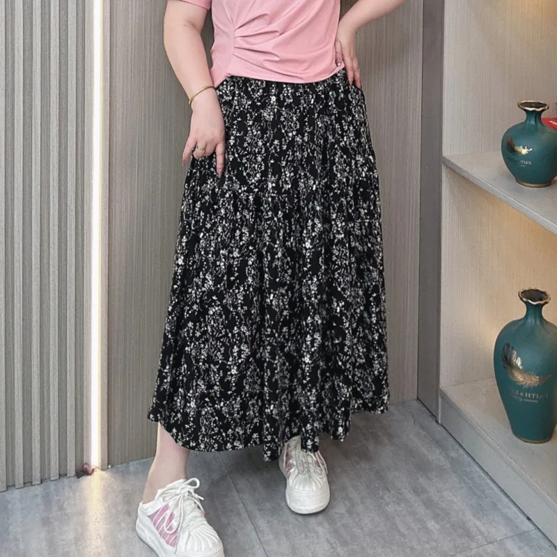 French Chiffon Floral Skirt Female Summer Plus Size Loose Thin A-line Big Swing Umbrella Skirt