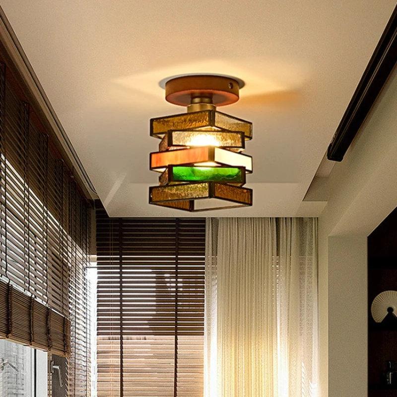 American retro colored glass ceiling light corridor Living room bedroom light House Decoration Ceiling Chandeliers Creative lamp