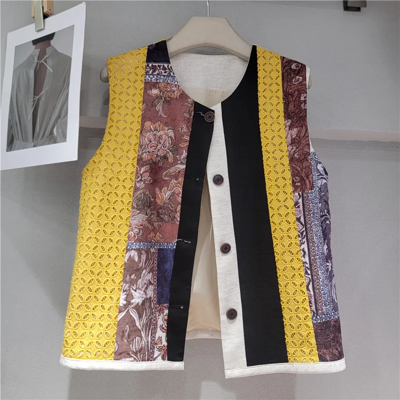 

SuperAen O-neck Single-breasted Patchwork Coats for Woman Summer 2025 New Vintage Chinese Style Loose Sleeveless Casual Coats