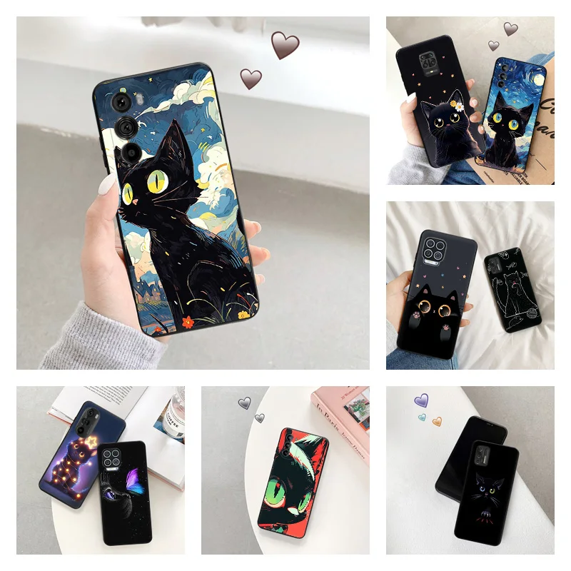 Soft Cute Black Cat Phone Case for Motorola G50 G51 G60 G200 G71 G22 G32 G52 G72 G53 G73 G9 Edge 40 30 20 Pro One Fusion Cover