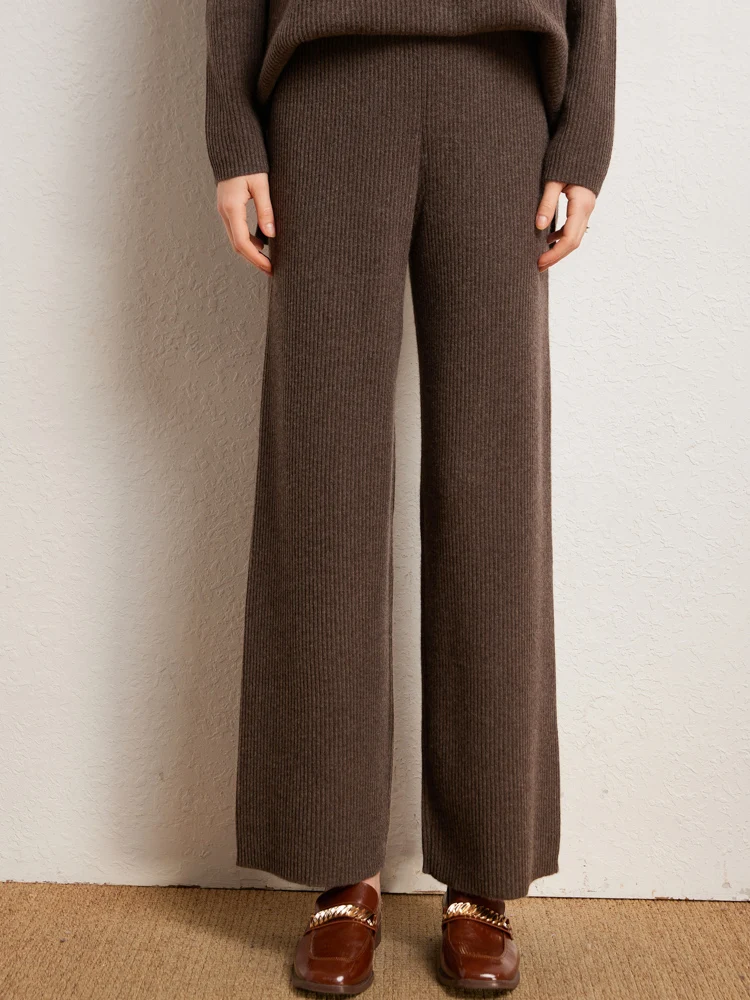 Women Cashmere Straight Wide Leg Pants Autumn Winter Threaded Jacquard 100% Cashmere Knitted Elastic High Waist Simple Trousers