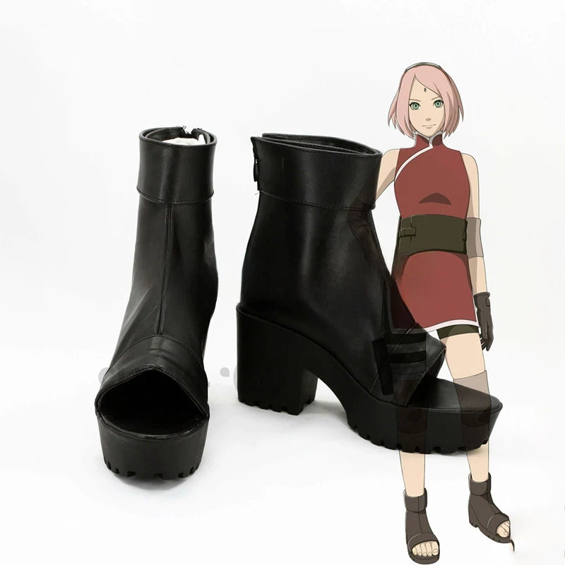 

Haruno Sakura Cosplay Shoes Boots Anime Outfit Unisex Ninja Cartoon Black Leather Costume Footwear Any Size for Unisex