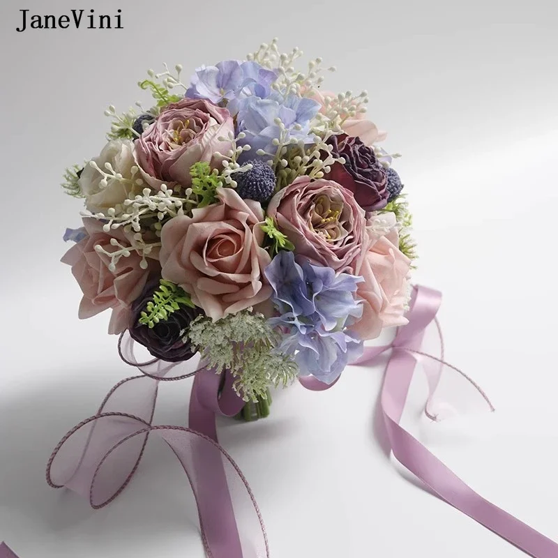 Janevmini-花嫁の花の花束,手作りの人工バラ,ピンクと紫,結婚式,写真アクセサリー