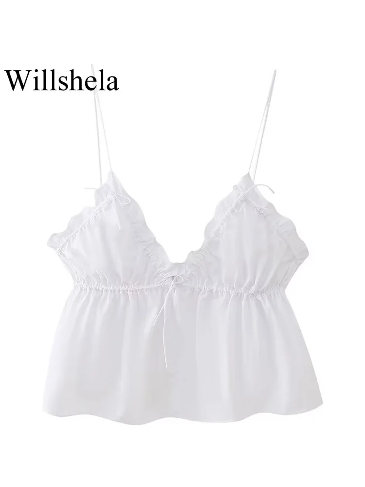 Willshela Women Fashion White Pleated Backless Bow Lace Up Cropped Tops Vintage Thin Straps V-Neck Female Chic Lady Crop Top