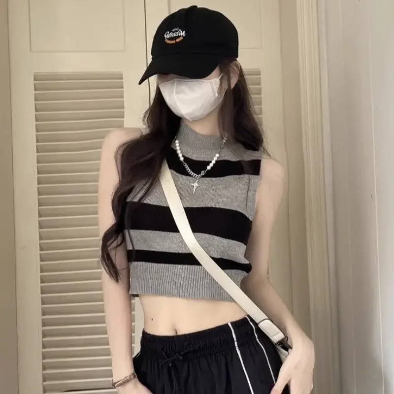 Korean Fashion Crop Tops Women Korean Clashing Striped Vest Summer New Sleeveless Knitwear Streetwear Sexy Short Y2K Tops