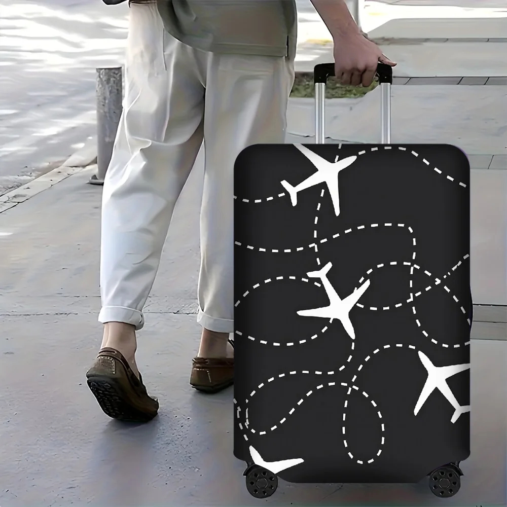 

1-piece black and white aircraft pattern luggage cover for luggage sizes 18-32; dust and flex travel accessory with minimalis