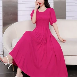Women's Cotton Silk Dress 2026 summer Short Sleeved Pure Colour Holiday French Bohemian Beach Dress Big Swing Long Dresses
