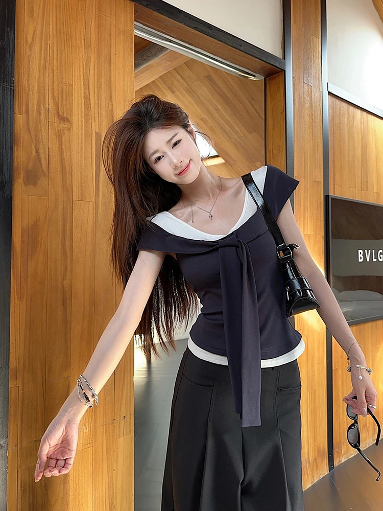 Color blocking off shoulder T-shirt for women in summer 2025 new spicy girl design slim fit slimming and chic trend top