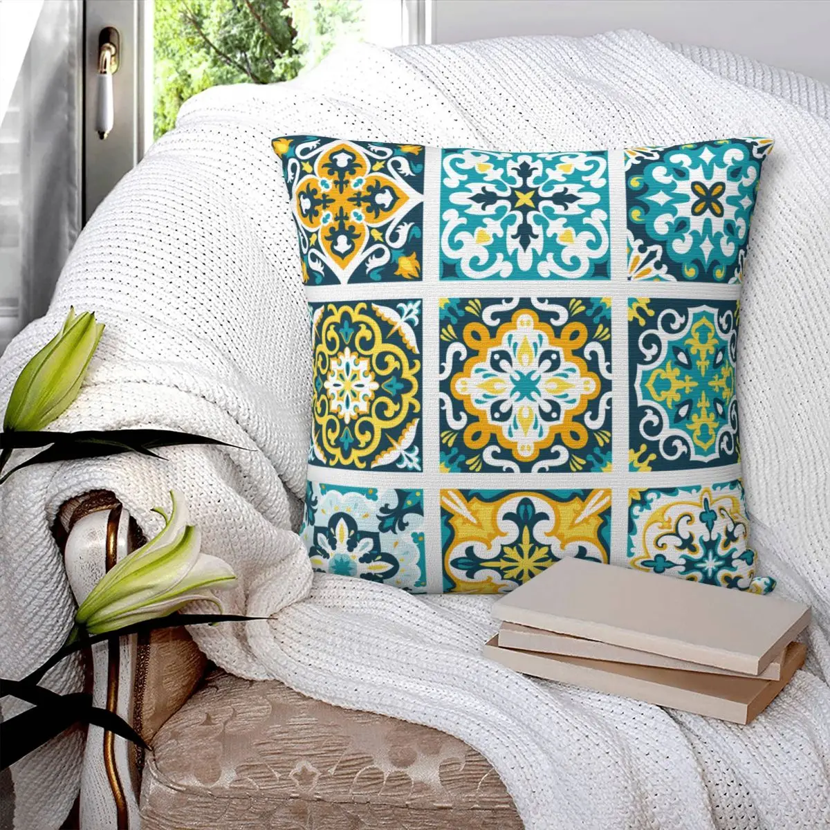 Mexican Tile Pillowcase Printed Polyester Cushion Cover Decoration Talavera Tiles Pillow Case Cover Chair Zippered 40X40cm