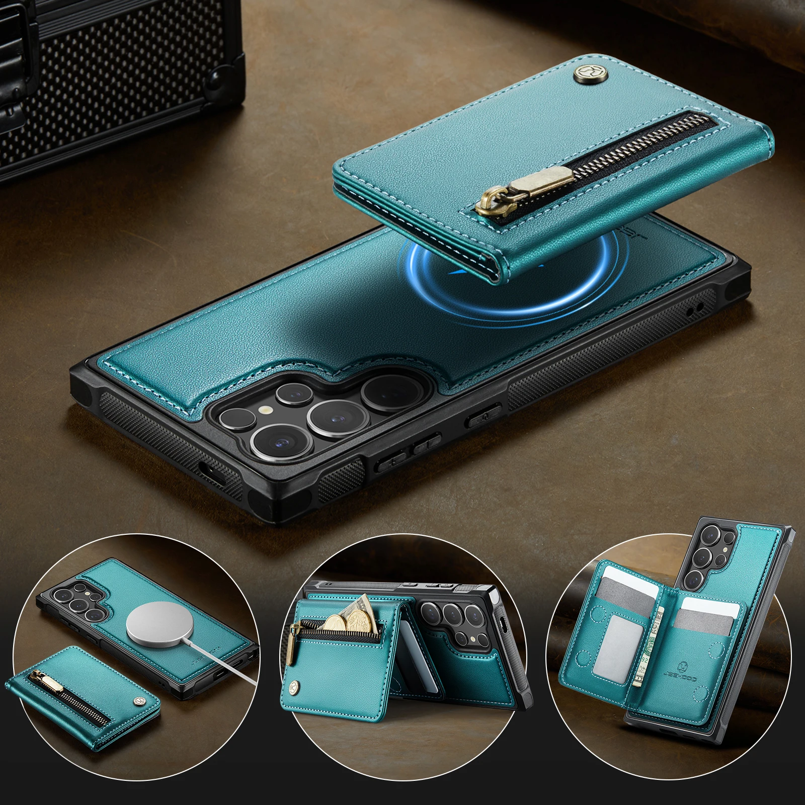 JEEHOOD-J12 2-in-1 Removable Magnetic Premium PU Leather Case Card Cover for iPhone 16 17 Pro Max 15 14 13 12 11 Pro 7 8 SE2 SE3