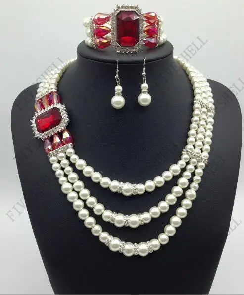 Wedding Jewelry Three-row Pearl Bridal Jewelry Set Rhinestone Four-leaf Clover Necklace Earring Three-piece Set Earrings Disfraz