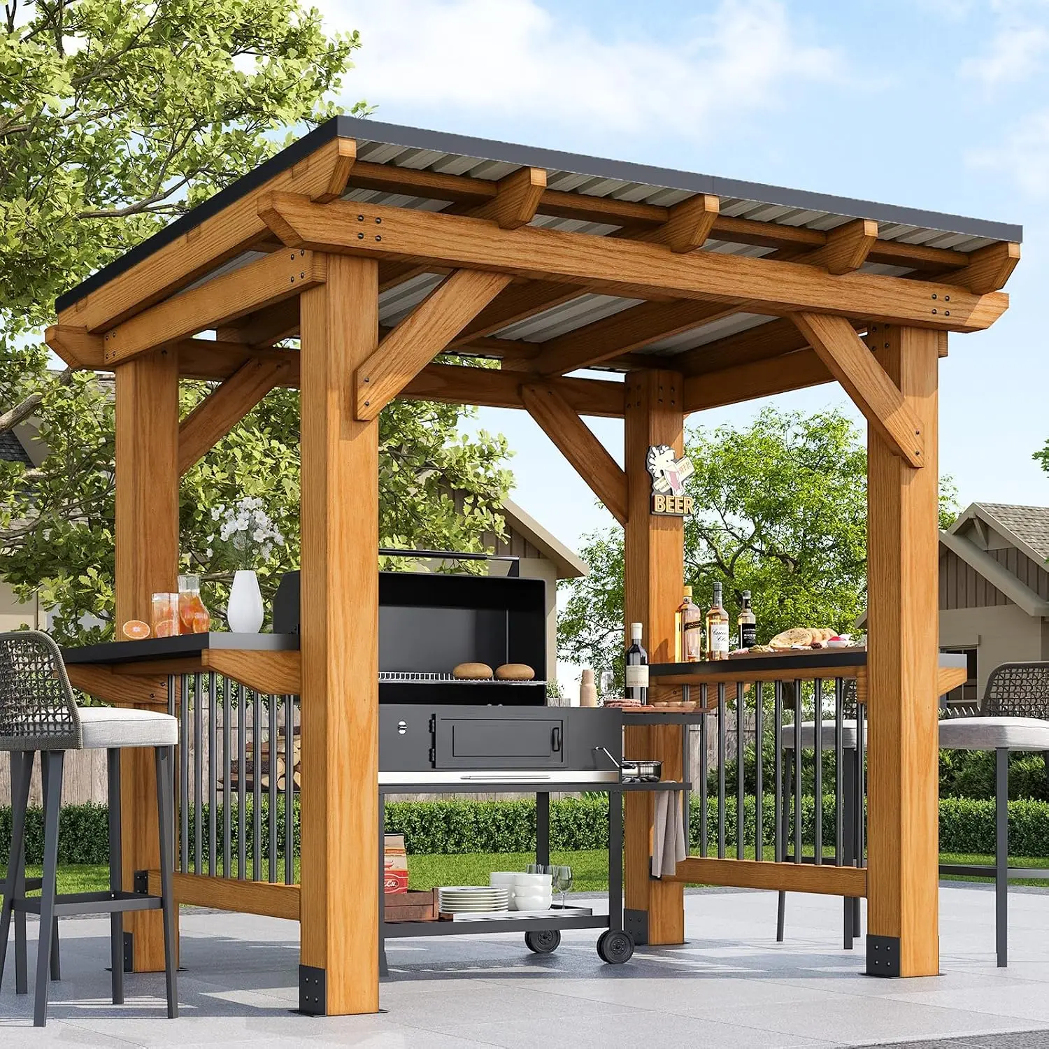 8' x 5' Cedar Wood Grill Gazebo with Slope Galvanized Steel Roof, Customized