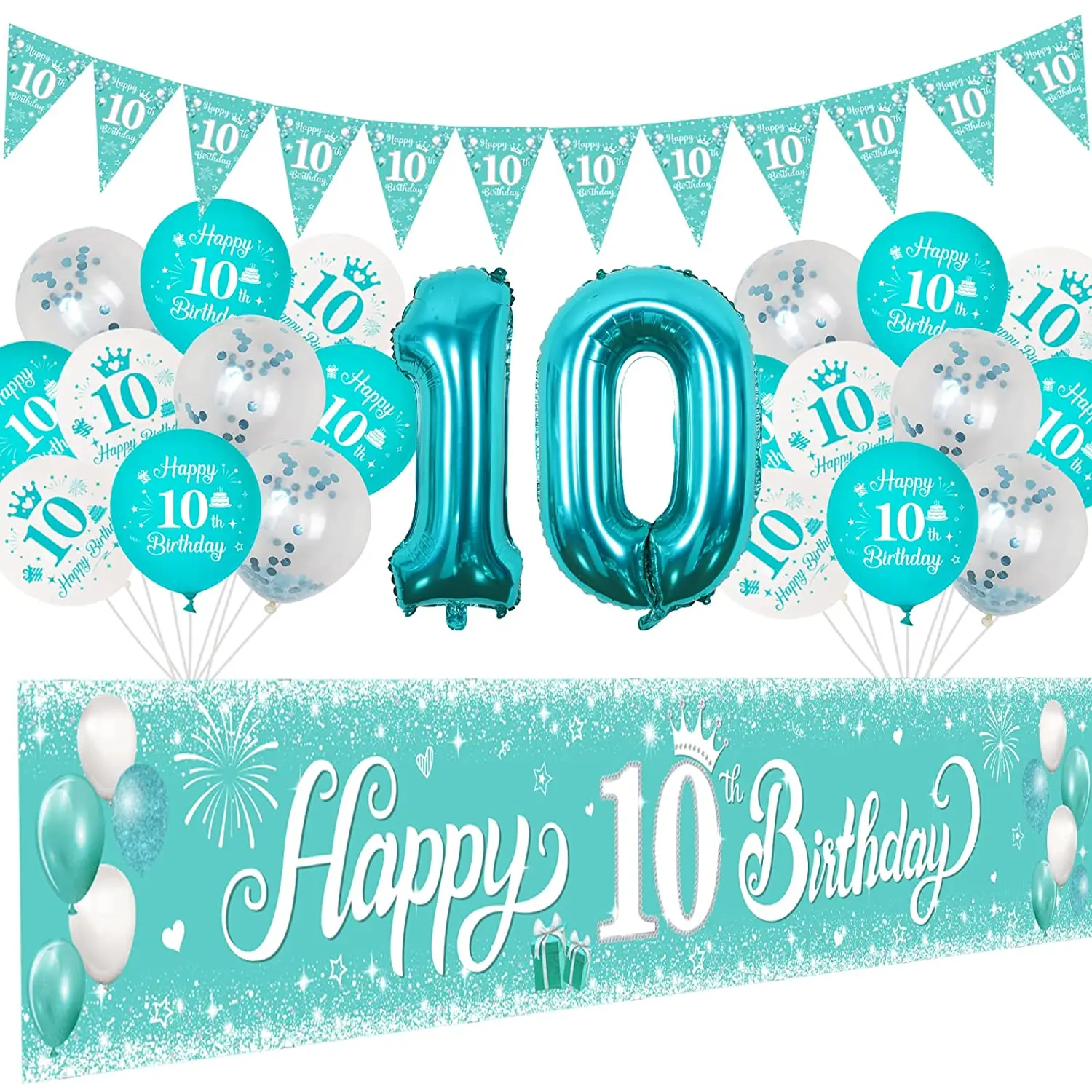 

Turquoise Girl 10th Birthday Decorations Teal Blue Happy 10th Birthday Yard Banner and Bunting for 10 Years Old Birthday Party