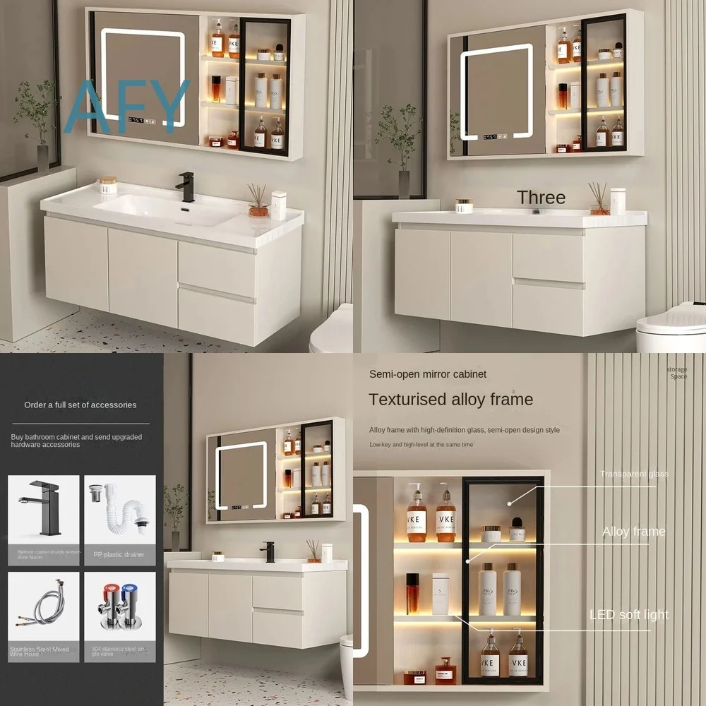 Smart Wall Mounted Solid Wood Multilayer Bathroom Cabinet with Ceramic Basin Square Mirror for Modern Small Bathrooms Storage