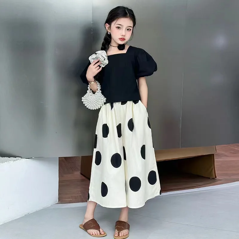 Girls Summer Set New Western Style Big Kids Fashion Bubble Sleeve Top Children's Thin Skirt Pants Two Piece Set Kids Outfits