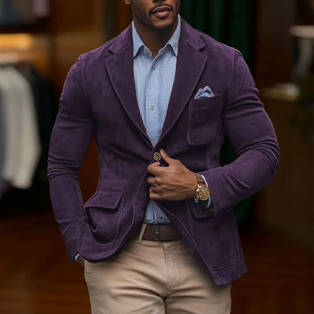 Men's Suede Brown Blazer Vintage Slim Fit Notched Lapel Formal Jacket High Quality Flap Pocket Sport Coat For Business Casual 11