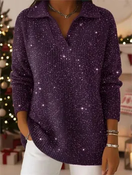 Women's V-Neck Sequin Knit Sweater 5 Fashion Sequins Sweater Lady Casual Knit Long Sleeve V Neck Pullover Sweaters Tops For Women Holiday Chic Women's Clothing New 5
