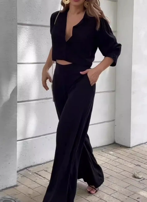 

Spring Summer Fashion New Korean Set Fashionable Temperament Small Suit Short Top Wide Leg Pants Women's Two-Piece Set