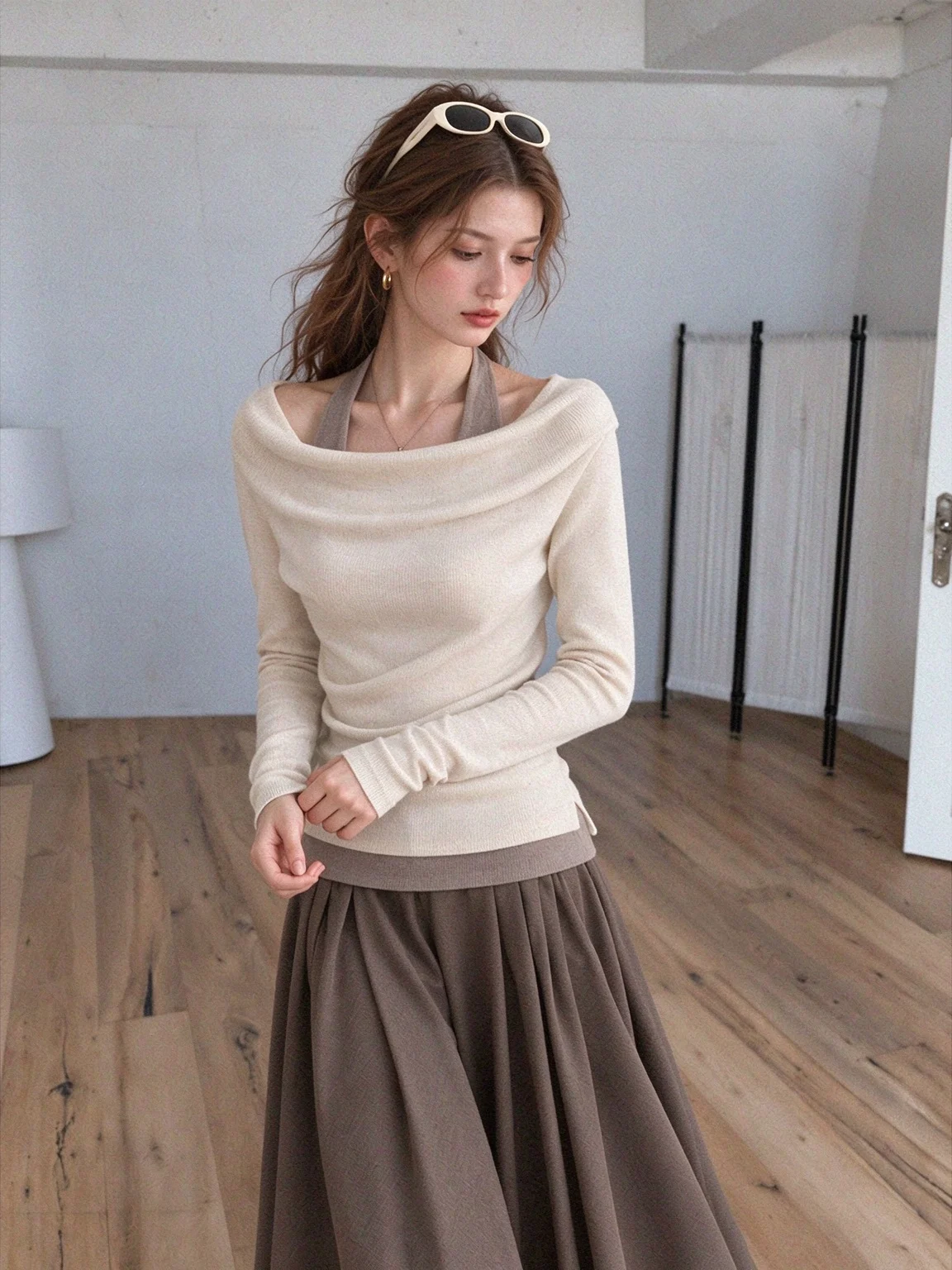 Elegant Long Sleeve Neck Hanging T-Shirt Women's Early Autumn Fake Two-Piece Slim Fit Single Wear Korean Style Delicate Top