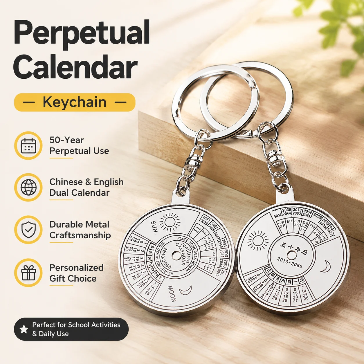50 Years Perpetual Calendar Keychain Rotating Metal Keyring 2010 To 2060 Novelty Gift for Men Women Small Pendant Bag Accessory