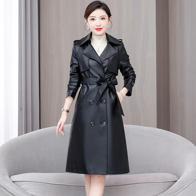 

2025 spring and autumn new Haining leather jacket female slim fit medium and long lace-up trench coat Korean version thin leathe