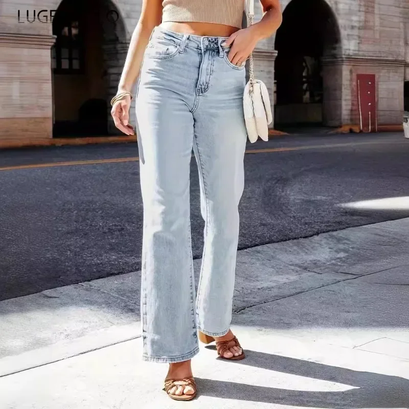 Women Fashion Jeans 2024 New Vintage Versatile Distressed Wash Straight Leg Pants High Waist Loose Casual Fit Street Party Wear