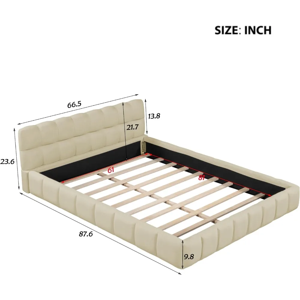 Bingkai tempat tidur berlapis kain Queen dengan Wingback, Linen tempat tidur bentuk rendah, tanpa kotak musim semi diperlukan, bingkai tempat tidur Queen Modern