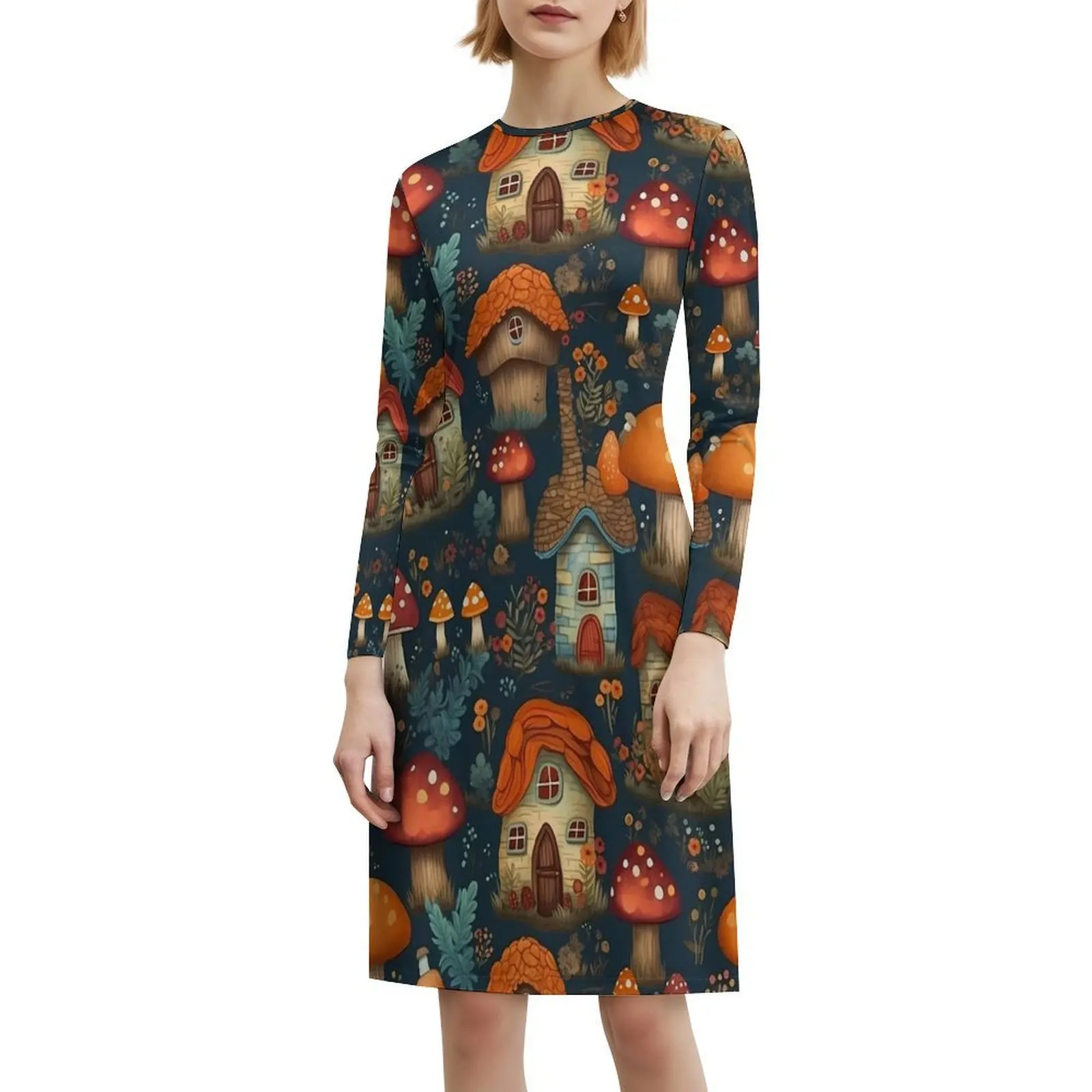 فستان Dreamy Mushroom Cottage Escape-Cottagecore Fantasy على الطراز الكوري للنساء فستان كاجوال أنيق للحفلات أو الارتداء اليومي