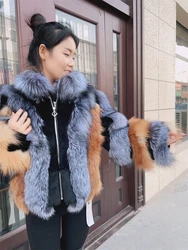 Silver Short Fox Fur Jacket With Collar Women Luxury Long Sleeves Plus Size Vest Female Genuine Thick Red Fox Fur Coat Winter