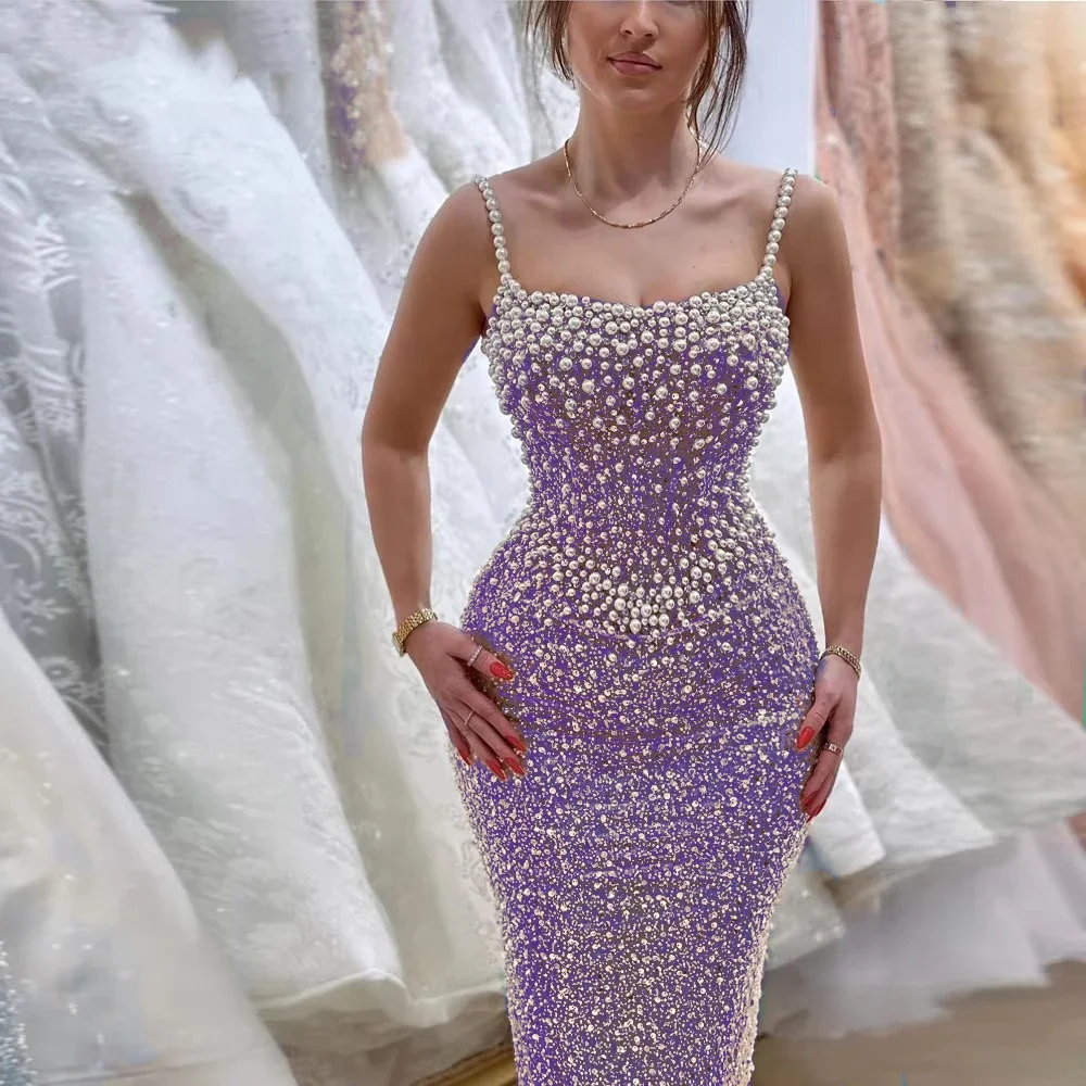 Vinca Sunny Customized Luxurious Pearls Prom Dress for Women Rhinestones Mermaid Spaghetti Straps Robes De Soiree Evening Dress