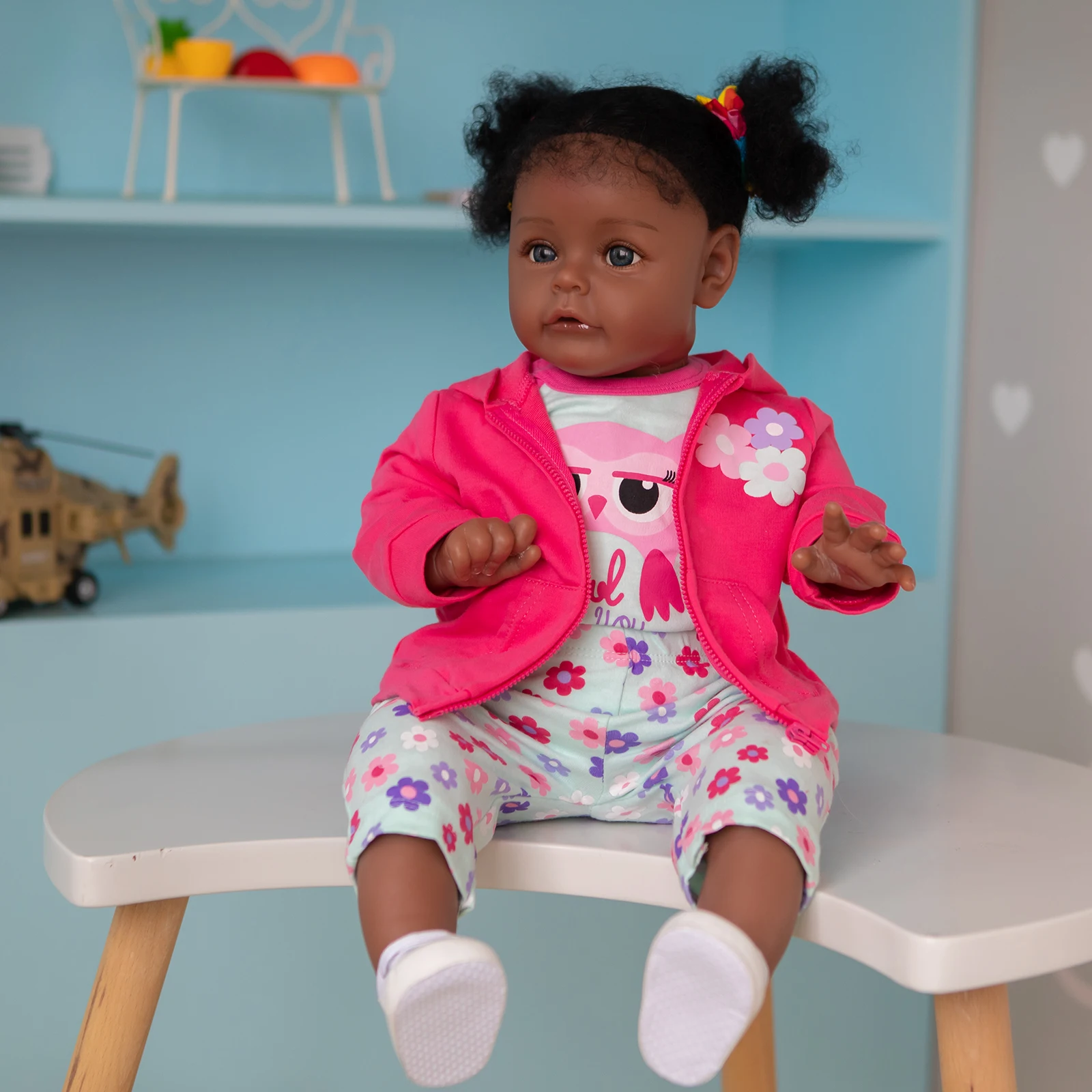 60CM Reborn Toddler Doll   In Dark Skin African American Baby Girl Doll with Rooted Long Curly Hair High Quality Doll Gift