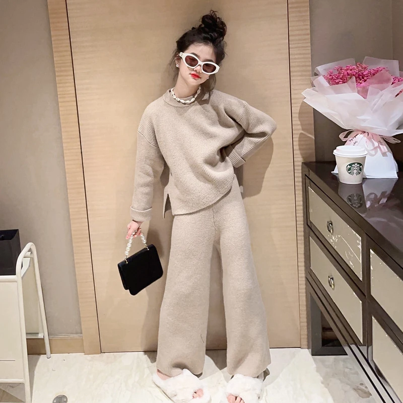 

Girls Sweater Sets Autumn Long Sleeve Beige Knitwear 2 Pcs Children Costumes Cozy Soft Kids Boutique Clothes Casual Teen Outfits