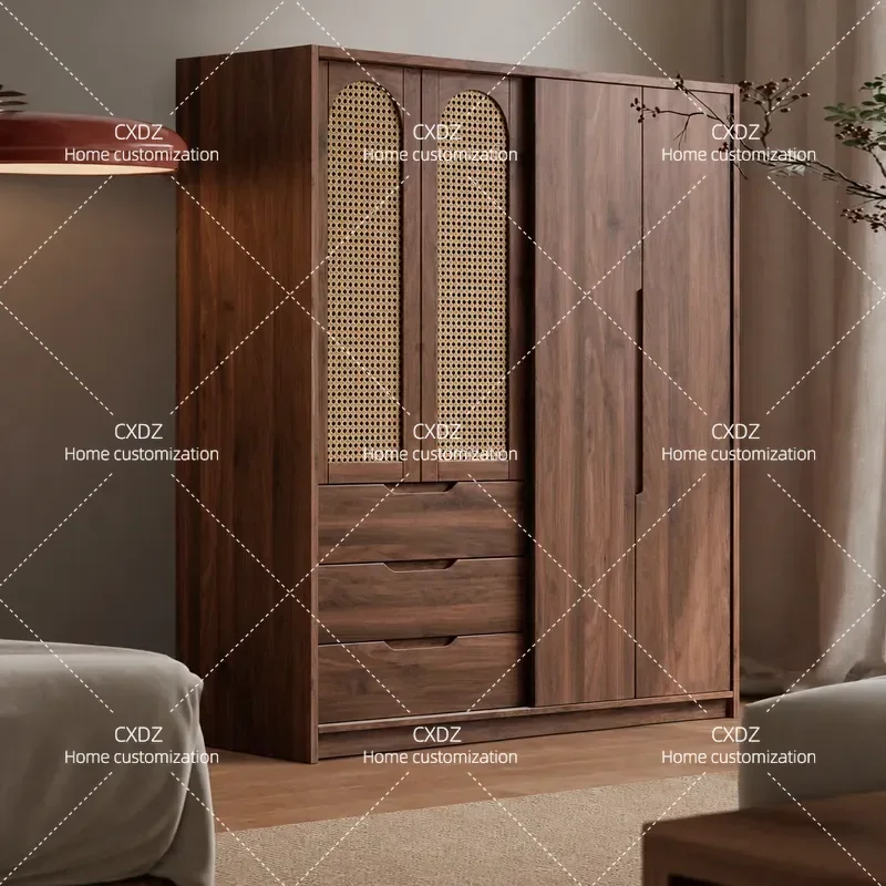 All Solid Wood Rattan Door Wardrobe Modern Simple Antique Oak Storage Cabinet for Bedroom Small Apartment Household Locker