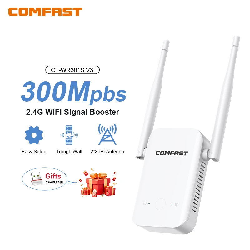 

Усилитель Wi-Fi сигнала COMFAST 300 Мбит/с, беспроводной репитер, 2.4G, с 2 антеннами, большой радиус действия, для дома