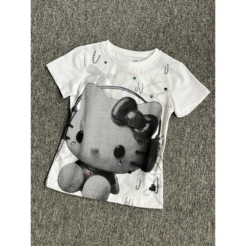Top japonés Y2k Millennial Hot Girl Hello Kitty con hombros descubiertos, manga corta, Vintage, ligero, asiático, transpirable y seco