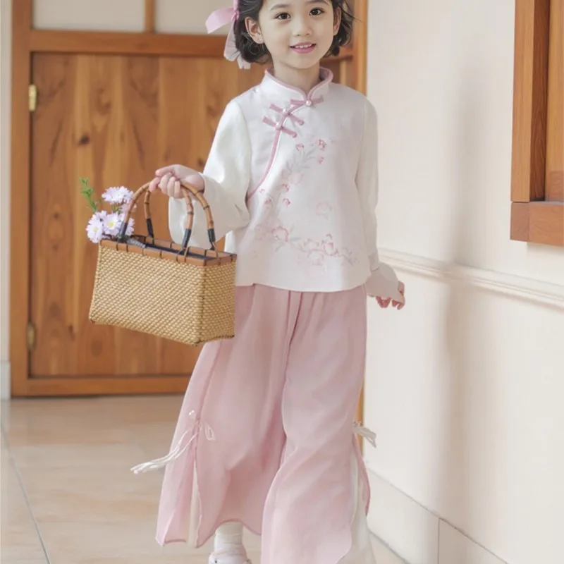 2026 New Girls' Ancient  Hanfu Girls' Spring/Autumn Long Sleeve Tang Costume Set Children's Chinese Top Pants 2-piece Set LJ604