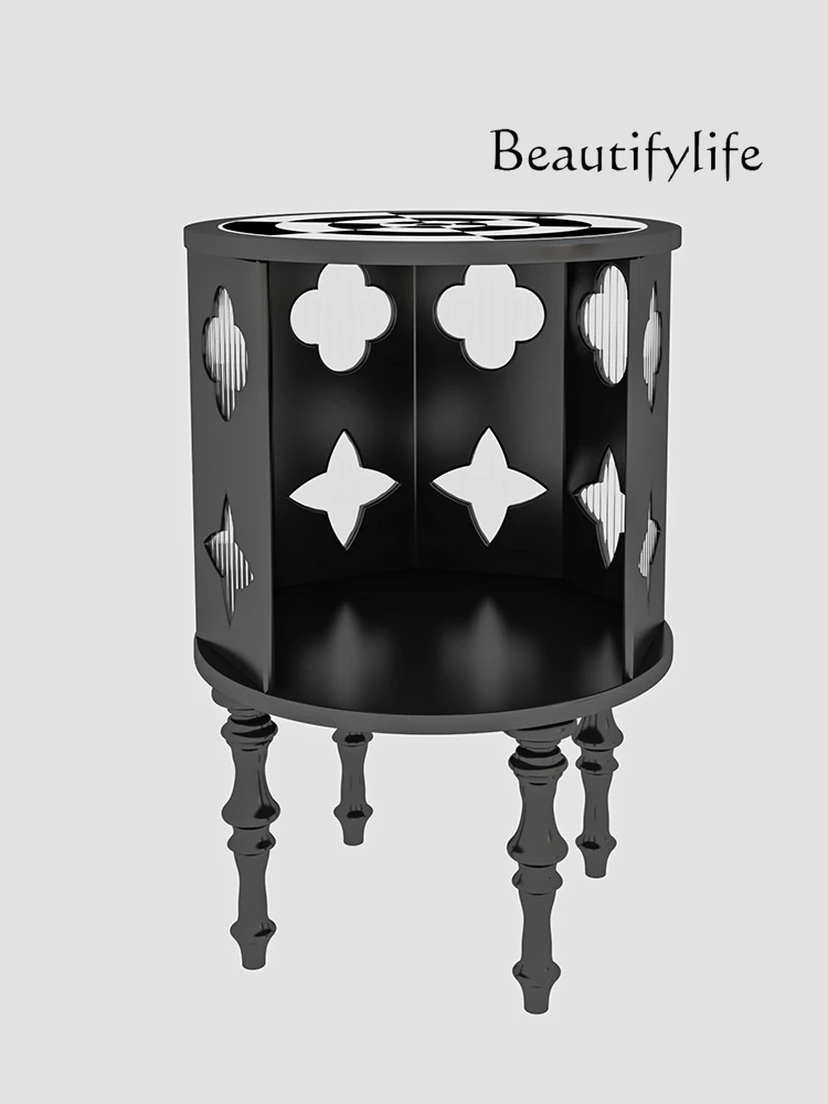 Retro Solid Wood Side Table Living Room Sofa Side Antique Style Black round Storage Corner Table