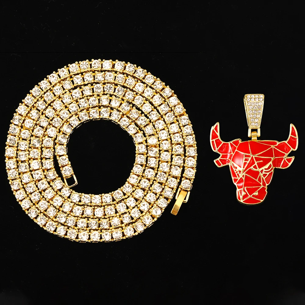 Iced Out Red Bull Pendant Necklace Match 4mm Bling Tennis Chain Animal Face Charm Stylish Jewelry for Men and Women Hip Hop