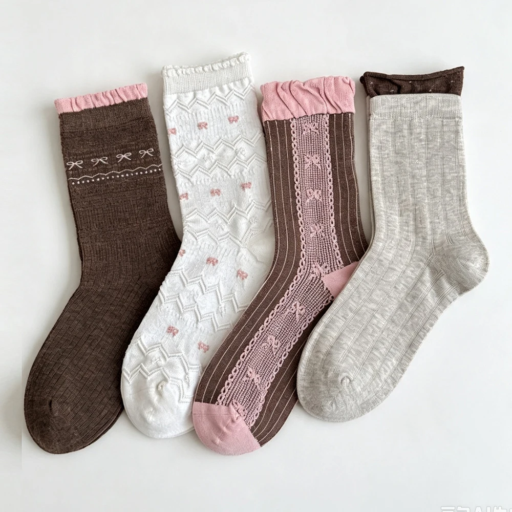 4 Pairs Women Socks Vintage Bow Jacquard Crew Ruffle Cuff Sweet StyleSocks Multicolor Cute Casual Dress Socks Daily Wear