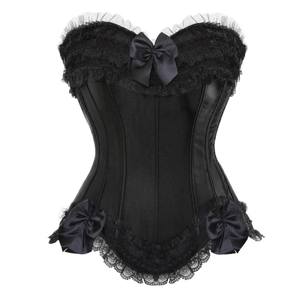 Women\'s Sexy Satin Lace Bow Corsets And Bustiers Tops Gothic Side Zipper Lingerie Body Shaper Overbust Corset