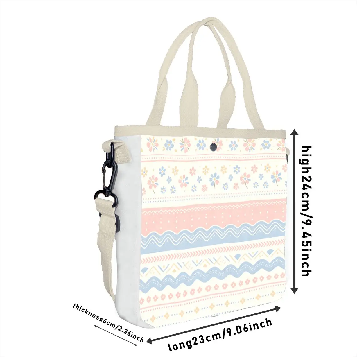 Pastel Floral Geometric Print Tote Bag, Adjustable Strap Sweet Boho Shoulder Bag