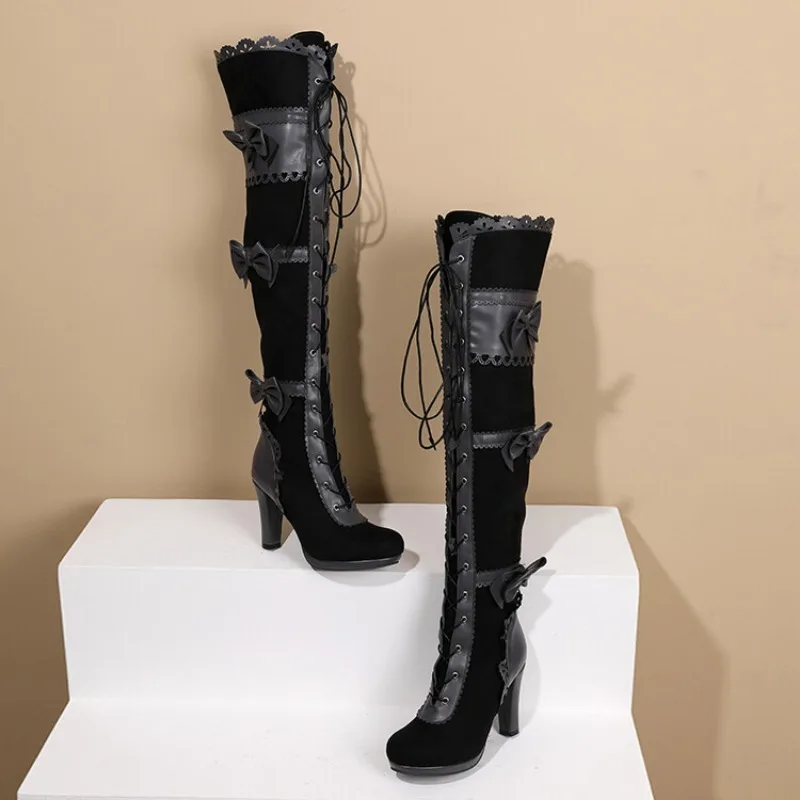 Stivali da donna vittoriani Steampunk con tacco alto Stivali da pirata alti sopra il ginocchio Bowk Lolita Scarpe da equitazione invernali Stivale