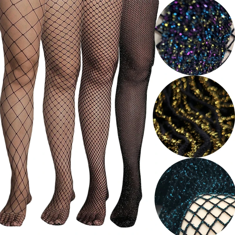 

Summer Women Fashion Colorful Glitter Blue Glitter Fishnet Carnival Tights Mid-rised Black Color in Small and Big Net