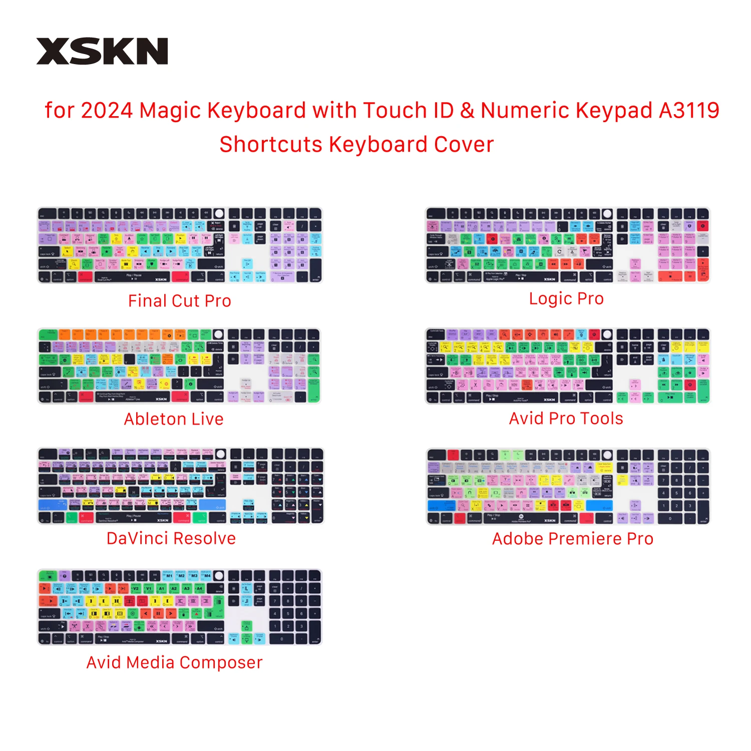 XSKN Final Cut Logic Pro Tools Ableton Premiere DaVinci Resolve cubierta de teclado para teclado mágico 2024 con teclado numérico A3119