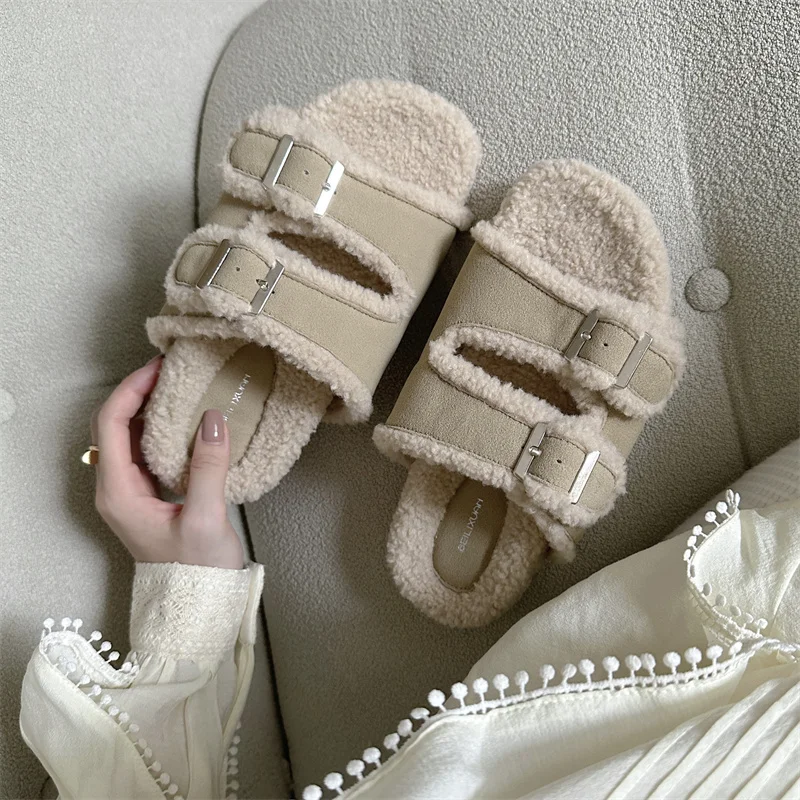 Shoes Womens Slippers Outdoor Fur Flip Flops Platform Pantofle Slides Plush 2024 Autumn Fur Shoes Ladies' Slippers Slipers Women