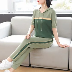 Two piece Knit Set Women's 2023 Summer New Slim Splicing Short sleeved Hooded Top+Pants Casual Knitwear Female Clothing Sets