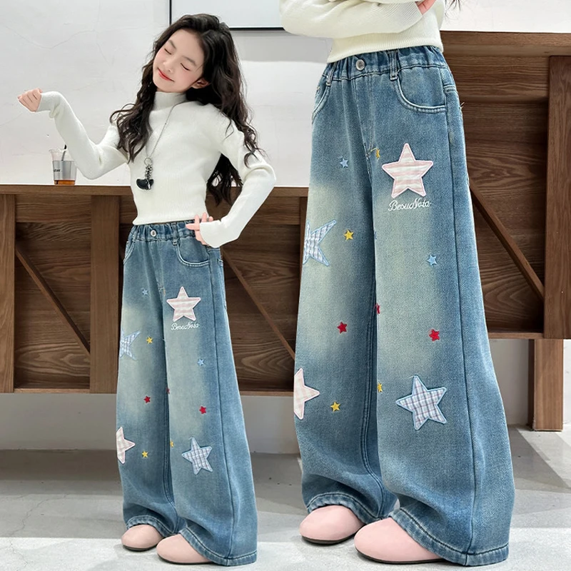 Spring Autumn New Girls Jeans Grid Five-Pointed Star Embroidery Wide-Leg Denim Pants For 5-14Y Girls Korea Style Long Trousers