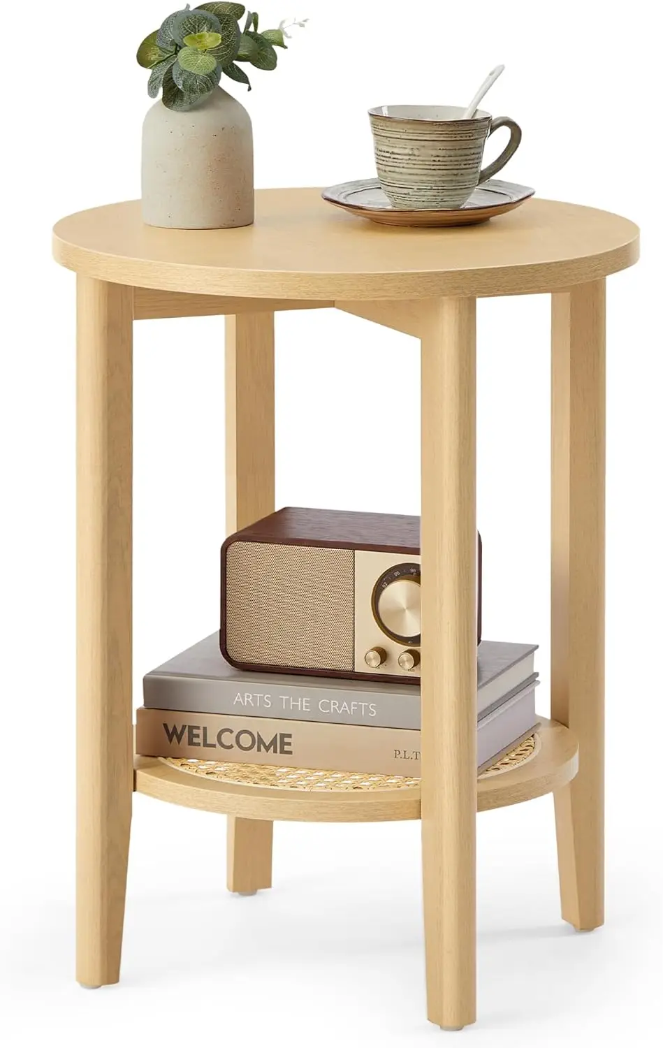 

2-Tier Boho Side Table with Rattan Shelf, Oak Beige Nightstand for Small Spaces