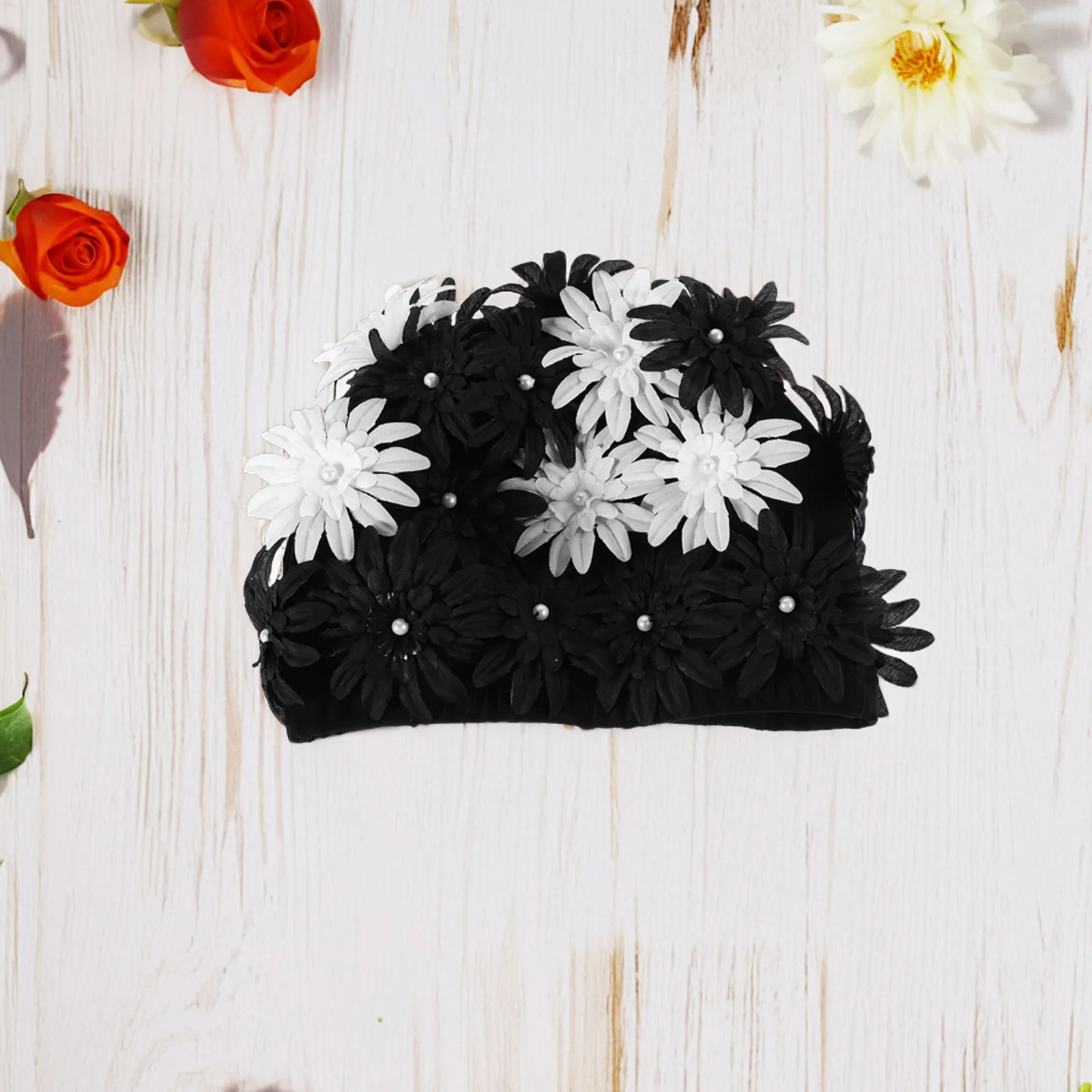 

Women's Floral Swim Cap with Pearl Flower Embroidery Stylish Waterproof Bathing Hat for Long Hair Swimming Pool Party Reusable