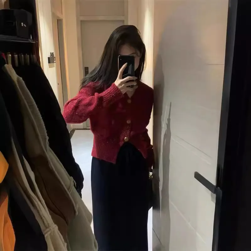 

6957 Spring New Hong Kong Style V-Neck Puff Sleeve Dot Yarn Waist-Cinching Short Cardigan Layered Jacket For Women